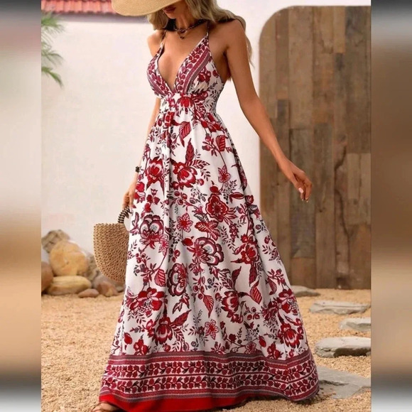Women's Floral Printed Backless Cross Strap Summe Vacation Dress - Picture 1 of 5